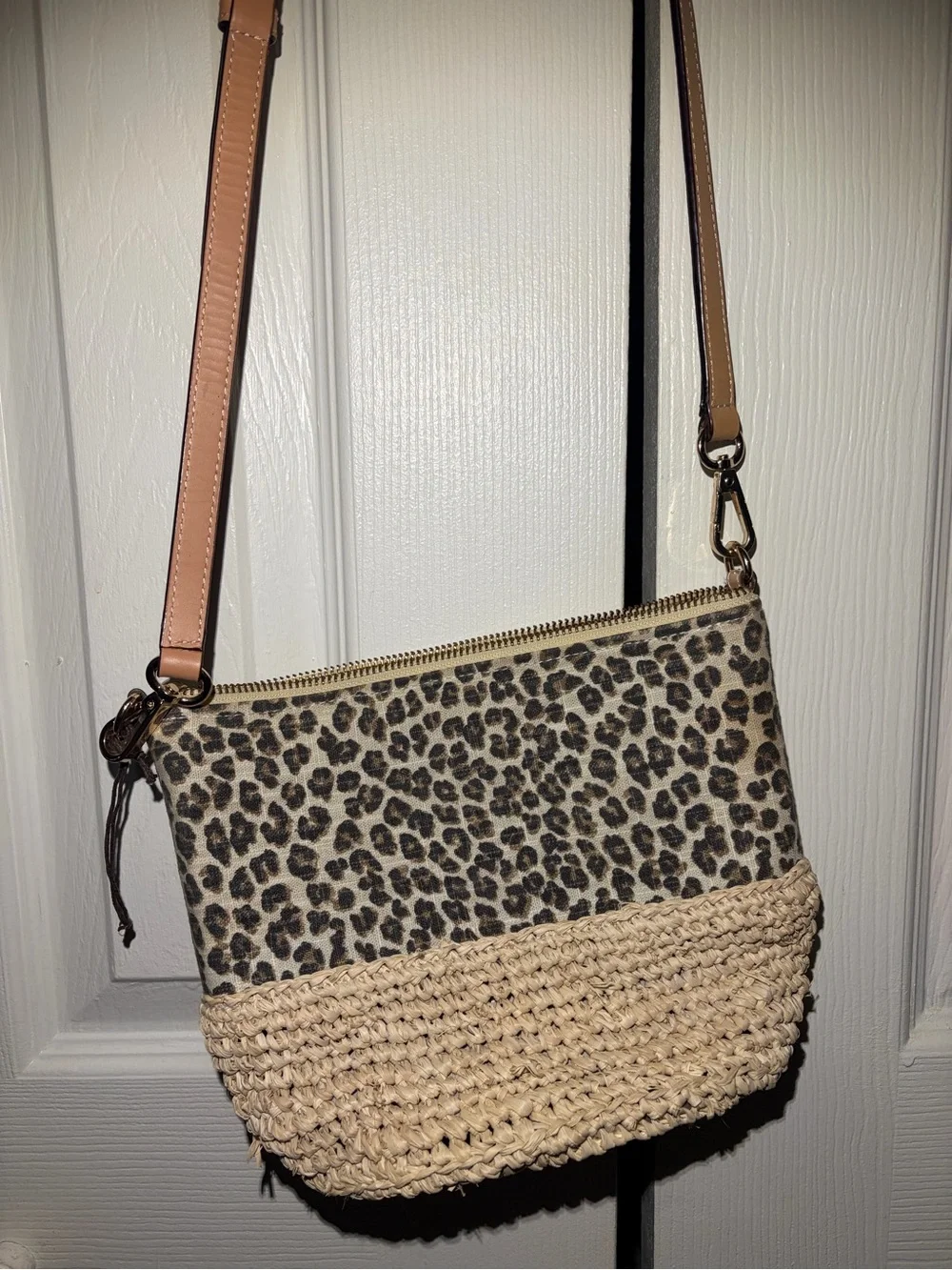 Leopard Print Raffia Shoulder Crossbody Bag - Tan Strap